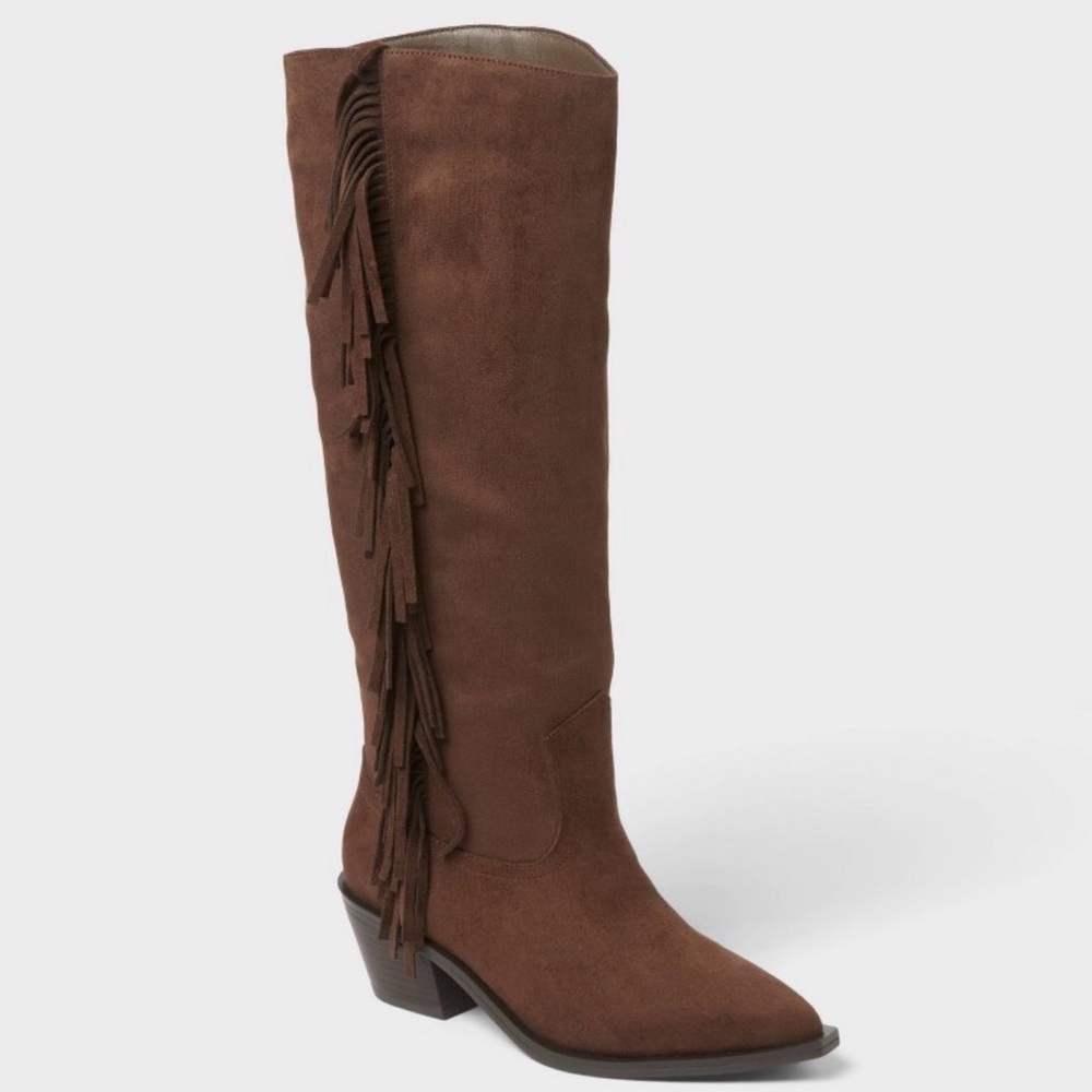 Women's Chocolate Brown Fringe Knee-High Western Cowboy Boots Memory Foam Insole